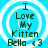 Four identical circular icons with concentric white rings on a bright blue background, each displaying text "I Love My Kitten Bella <3" in dark green pixelated font.