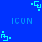 Blue background with repeating cyan pixelated square patterns and 'ICON' text in light blue.