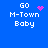 Blue background with white text 'GO M-Town Baby' and four variations of pink pixel art symbols above the text.