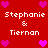 Red background with white text 'Stephanie & Tiernan' repeated twice, surrounded by pink and magenta pixelated hearts.