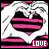 A 4-frame animated contact sheet showing hands forming a heart shape with pink striped interior and white outline, accompanied by the word "LOVE" in pixelated text at bottom right of each frame.