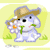 Pixelated cartoon dog wearing straw hat, holding white flowers with orange centers, standing on green grass against light yellow background.