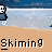 Pixelated beach scene with a single figure in water, repeated text "Skimina" below, and a grayed-out section on the right.