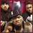 Pixelated static image of multiple people in a group pose with dark clothing and red background elements.