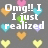 Pixelated text reads "Omg!! I just realized" on left and "That... I love You!! 3" on right, surrounded by colored heart icons.
