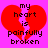 A static pixel art image with a bright pink background, featuring two identical red broken hearts and black text reading "my heart is painfully broken" in lowercase letters.