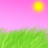 Pixelated landscape with pink sky, yellow sun gradient, and green grass field.