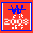 Red square icon with blue border containing stylized 'W' above text reading "is it 2008 YET?" where the number digits change color across frames.