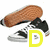 Four distinct shoe designs with large colored letters D, A, V over white background; one gray on right