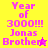 Pixelated text "Year of 3000!!! Jonas Brothers" on four colored backgrounds with star symbols, animated between frames.