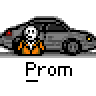 Animated sequence showing a gray sedan with red headlights, two figures in orange and blue outfits interacting near the car, and repeated 'Prom' text below each frame.