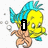 Pixelated cartoon fish with blue spiky hair and yellow body, holding a brown object, surrounded by white bubbles on white background.