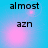A blue background with pink light effects displays the text 'almost' above 'azn' in black font across four