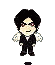 Pixelated character with black hair, red eyes, and white wings in various poses against gray background.