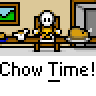 Animated pixel art contact sheet showing a character eating at a table with repeated text "Chow Time!" across multiple frames.