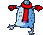 Pixelated figure in blue coat and red scarf with arms outstretched, alternating between two poses on gray background.