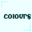 Pixelated text 'COLOURS' repeated three times in two , surrounded by light blue star and dot patterns on a white background