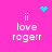 Pixelated pink background with white text 'ii love rogerr' in four quadrants, cyan heart and starburst icons above the top-left and top-right quadrants.