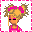 Pixel art avatar with two states: one with pink hair bow and pink top, another with purple hair bow and purple top, both with closed eyes and blonde hair.