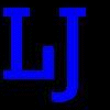 Blue 'LJ' text in blocky font on black background with white section, showing animation transition from solid to outlined style.