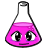 Pixelated icon of a pink flask with large cartoon eyes and a small mouth, rendered in 8-bit style against white background.