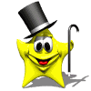 Yellow star-shaped character with black top hat and cane, smiling face showing red mouth, positioned in