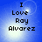 Blue background with white light burst and text "I Love Ray Alvarez" in black pixelated font across four
