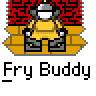 A 4x3 contact sheet of animated Fry Buddy icons showing a yellow cartoon character in various states including sitting, frying, and exploding against different background textures.