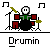 Pixel art of a drumming character with white skull face, green shirt, black pants, red drums, yellow cymbals, and musical notes on gray background.