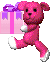 Pixelated pink teddy bear with white paws and purple bow on gift box, walking in sequence