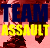 Pixelated static image featuring bold text "TEAM ASSAULT" over a red and pink background with dark pixel clusters resembling blood splatters.