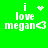 Green background with white pixelated text 'i love megan' and a heart symbol, showing animation variations of the heart.