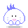 Four pixelated character expressions with white bodies, blue spiky hair, and pink mouths on gray background.