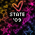 Pixelated graphic with vibrant pink, purple, and orange abstract shapes on black background; text reads 'STATE '09' left side, 'LET THE PARTY BEGIN!!!' right side.