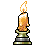 Pixelated candle with flame on a gray background, featuring wax drips and a multi-colored base.