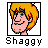 Pixelated cartoon character head with orange hair and pink skin inside a black square border, labeled "Shaggy" in blocky text below.