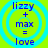 Four identical circular icons with cyan rings on a bright green background, each displaying blue text: 'lizzy + max = love' in a pixelated font.