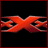 Red and orange pixelated X-shaped design with black voids on a dark background, bordered by thin red frame.