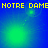 Yellow pixelated text 'NOTRE DAME' repeats across a blue-green gradient background with shifting green circular light effects.