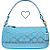 Two side-by-side pixelated images of a light blue handbag with a chain strap, each featuring a heart symbol above the bag.