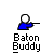 Pixelated blue figure with white head holding a baton, displayed in a with text "Baton Buddy" below each instance