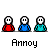 Pixel art of three figures in red, blue, and teal shirts with white faces; text labels below each group.
