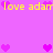 Pixelated pink background with yellow text repeating 'love adarr' and scattered purple hearts in a static pattern.