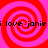 Red and pink spiral pattern with repeated text "i love janie" in black pixelated font across four quadrants.