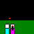 Pixelated scene with green platforms, black gaps, and small figures; text elements include 'I U', 'WOW!', and 'MIR' with colorful explosions.