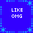 Blue background with cyan pixelated border elements and four identical text blocks reading "LIKE OMG" in white block letters.