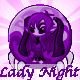 Animated purple crystal ball containing a dark-haired anime-style character with changing poses and expressions, set against a pink patterned background.