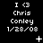 Pixelated white text on black background shows 'I <3 Chris Conley 1/28/08' with animated plus, star, and dot symbols appearing in different positions across frames.