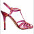 A pink high-heeled sandal with a strappy design appears in , accompanied by changing purple text characters