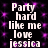 Pixelated text repeats 'Party hard like me love jessica' on a black background with purple sparkles, displayed in two vertical